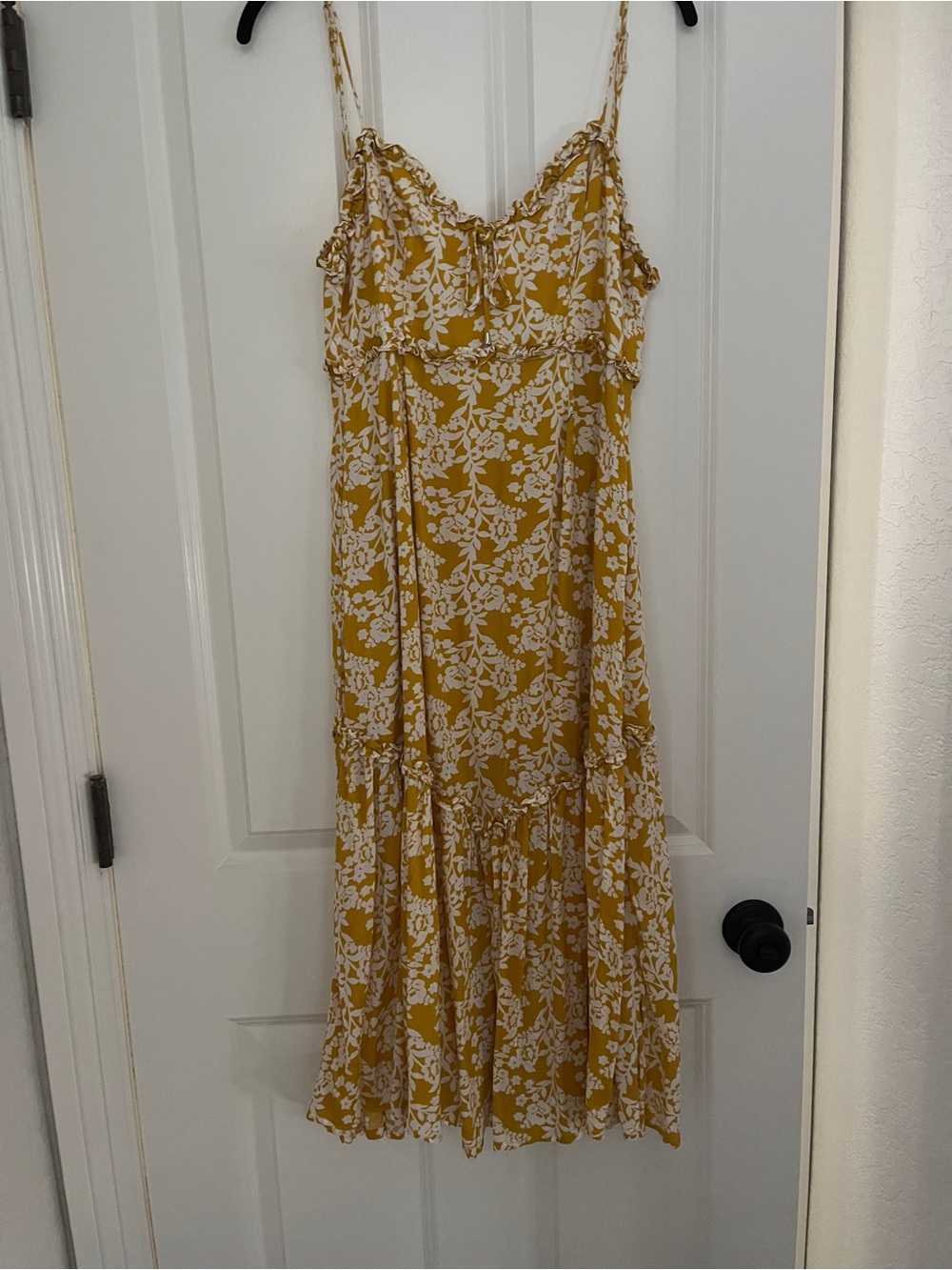 Mustard Floral Spaghetti-Strap Midi Dress